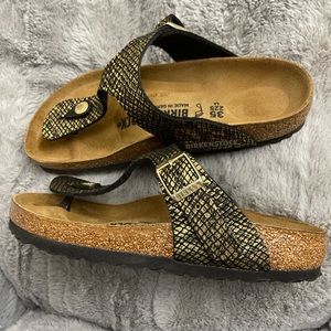 Birkenstock shiny python black thong sandal.  Size 5